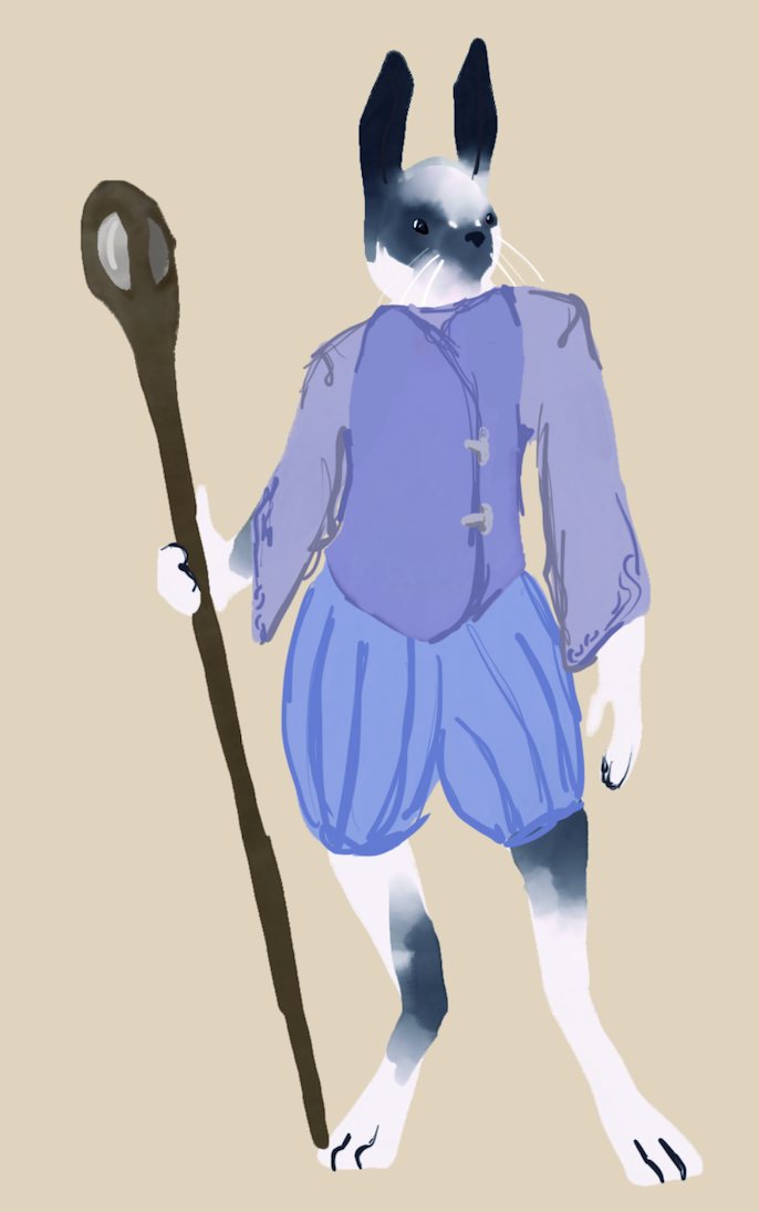 A drawing of a rabbitlike humanoid with checkered coloration hold a wooden staff. They are wearing a lilac colored shirt with a purple vest and blue poofy pants that end at the knee.
